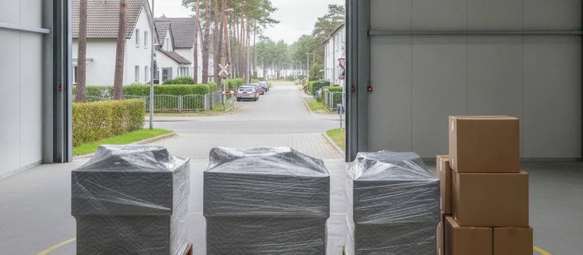In Folie eingeschlagene Möbel eines Kunden aus Erkner stehen auf Paletten zur Einlagerung bereit
