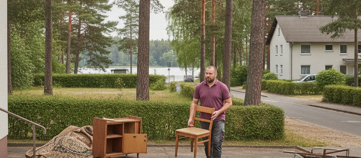 Alter Schrank, Teppich und Stühle stehen bei einer Entrümpelung in Erkner getrennt sortiert vor dem Haus