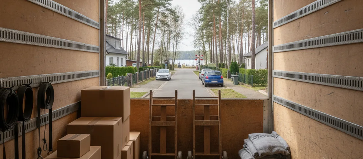 Umzugskartons, Möbeldecken und Spanngurte im Laderaum