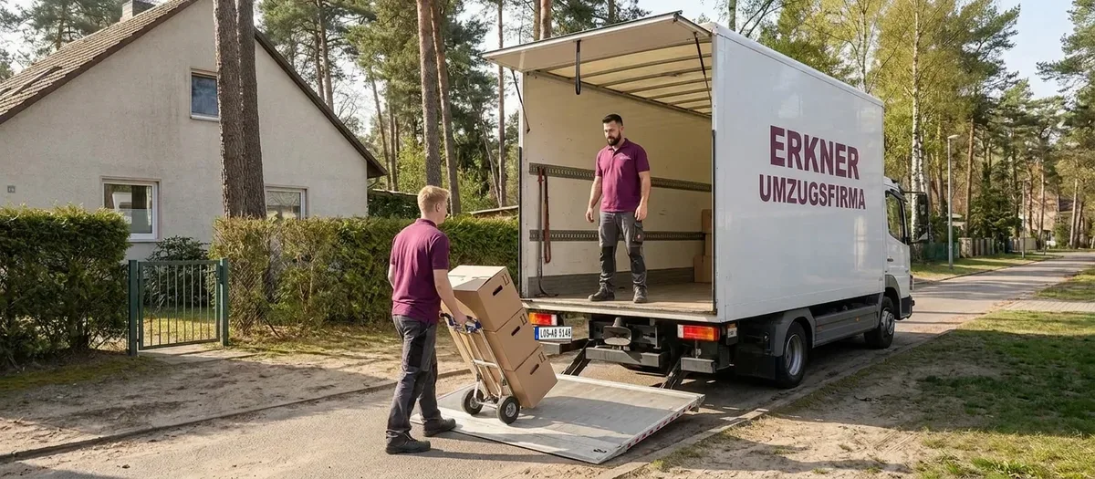 Umzugskarton wird mit der Sackkarre in den Umzugswagen der Erkner Umzugsfirma geschoben