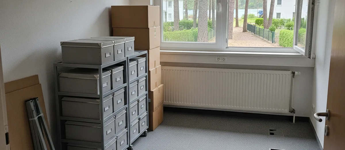 Aktenkisten auf Rollwagen und gestapelte Kartons stehen für einen Firmenumzug in Erkner bereit