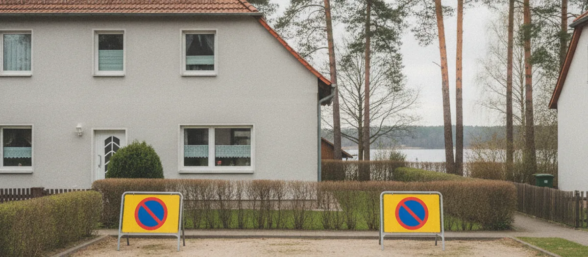 Aufgestellte Halteverbotsschilder sichern in Erkner die Ladefläche vor dem Hauseingang