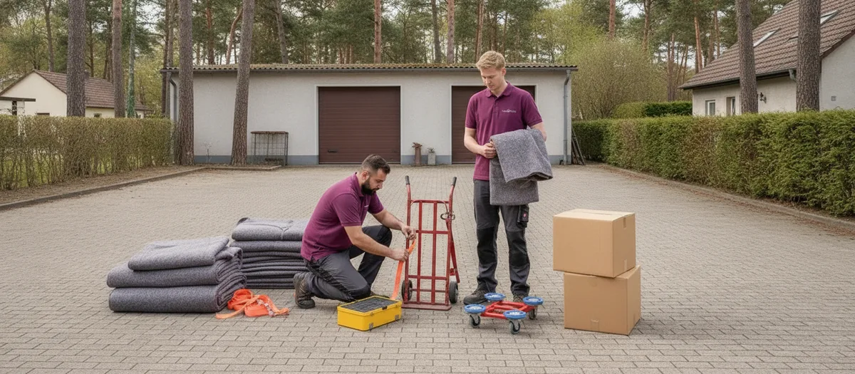 Möbeldecken, Spanngurte, Sackkarre und Rollbretter liegen vor dem Einsatz in Erkner bereit