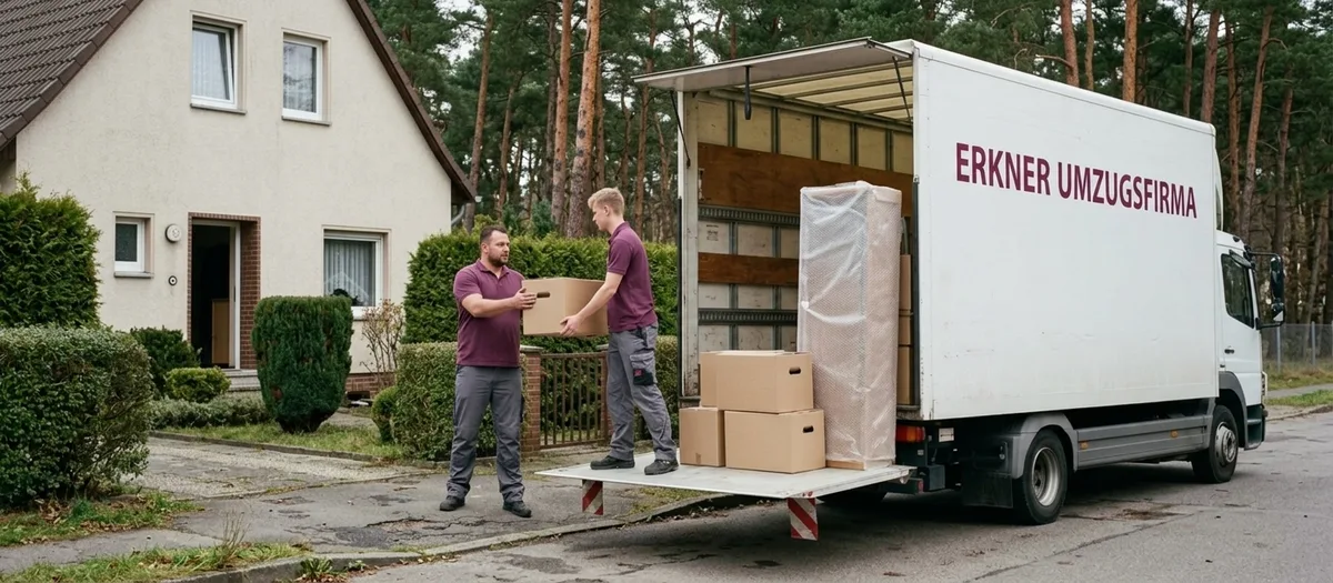 Umzugskartons und zerlegte Möbel werden bei einem Privatumzug in Erkner in den Umzugswagen geladen
