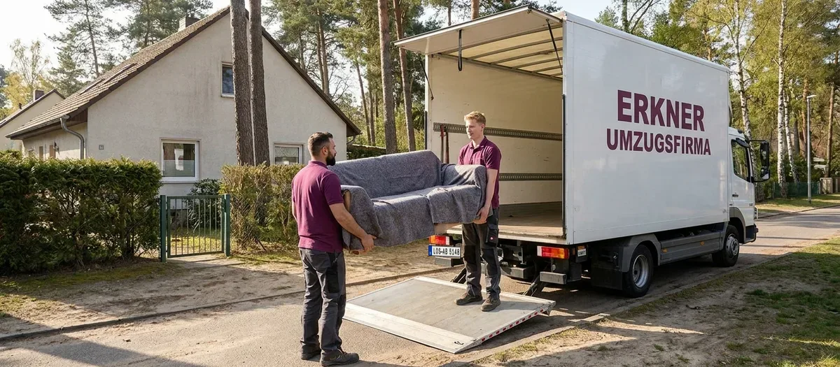 Umzugswagen der Erkner Umzugsfirma wird vor einem Wohnhaus in Erkner beladen