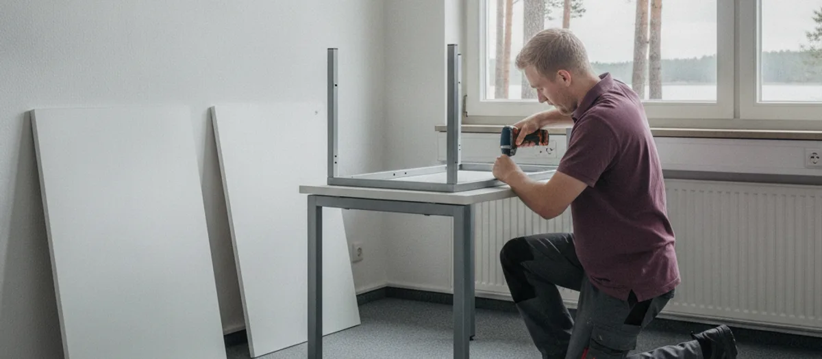 Schreibtisch wird beim Büroumzug nach Fürstenwalde zerlegt, weitere Platten stehen an der Wand