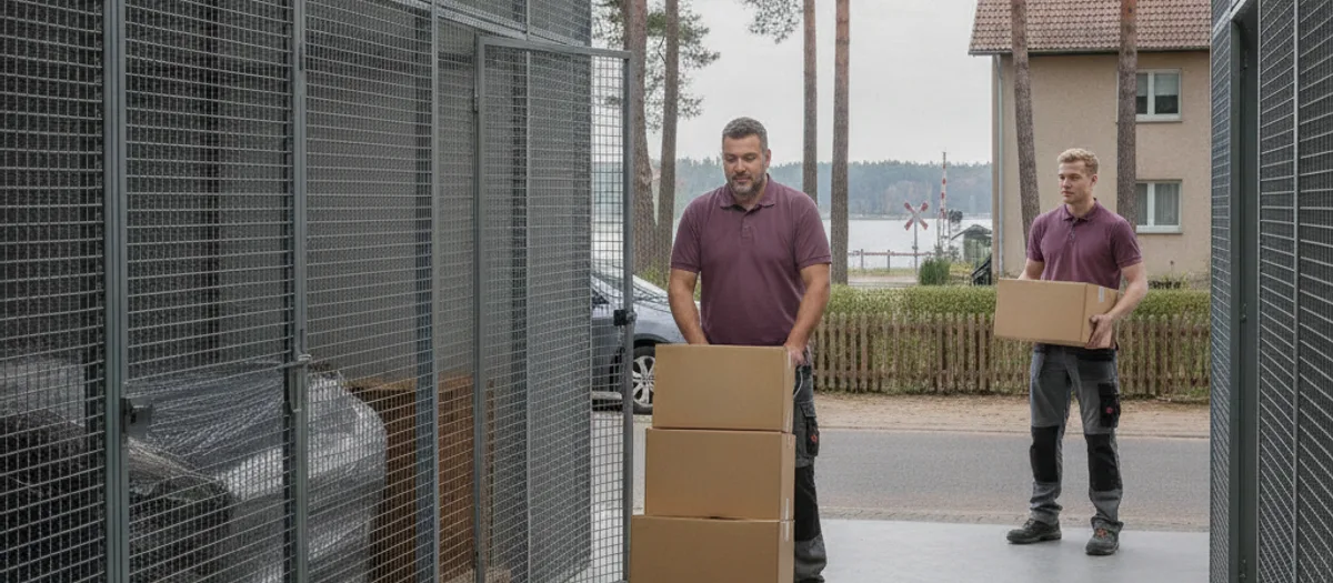 Umzugskartons und abgedeckte Möbel werden für den Umzug nach Grünheide in eine Lagerbox eingeräumt